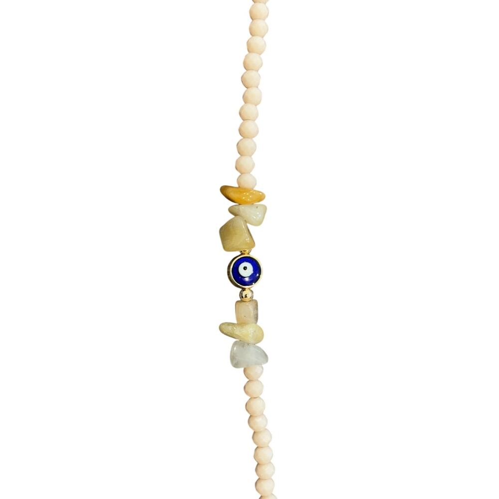 Cream Evil Eye Beaded Bracelet Gold Tone Adjustable Handmade - Picture 3 of 4